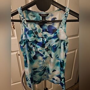 White House Black Market Teal and Blue Abstract Silk Blouse